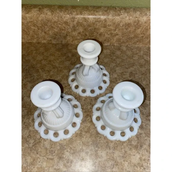 3 Westmoreland Milk Glass Doric Lace Candle Holders Set Wedding Decor Vintage - Picture 2 of 7